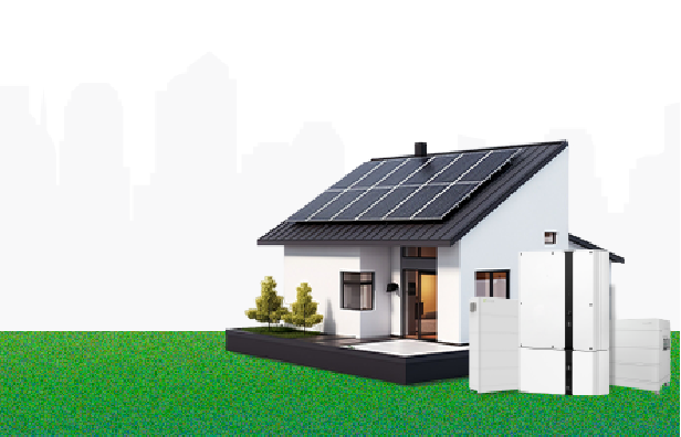A residence with solar panels on the roof and solar batteries, utilizing clean and renewable power sources.