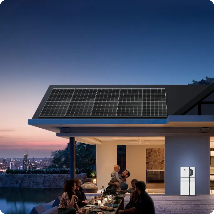 Roof-mounted solar panels with battery storage.